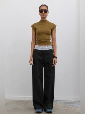 Black Denim Waistband Layered Trouser